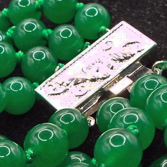 PERFECT CHINESE IMPERIAL JADEITE 4 STRD 8MM KNOTTED STERLING CLASP BRACELET 39 - Picture 8 of 9